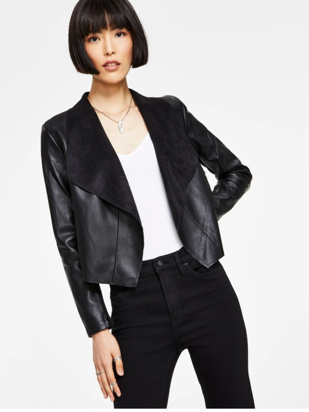 BAR lll  Women's Faux-Leather Flyaway Jacket Deep Black XXL
